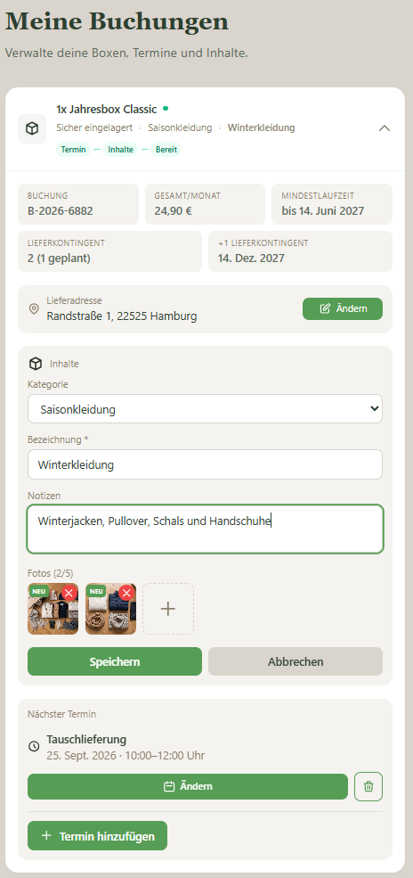 Screenshot des Kundenportals: Formular zur Inhaltsdokumentation mit Kategorie-Dropdown, Bezeichnungsfeld, Notizen und Fotoupload